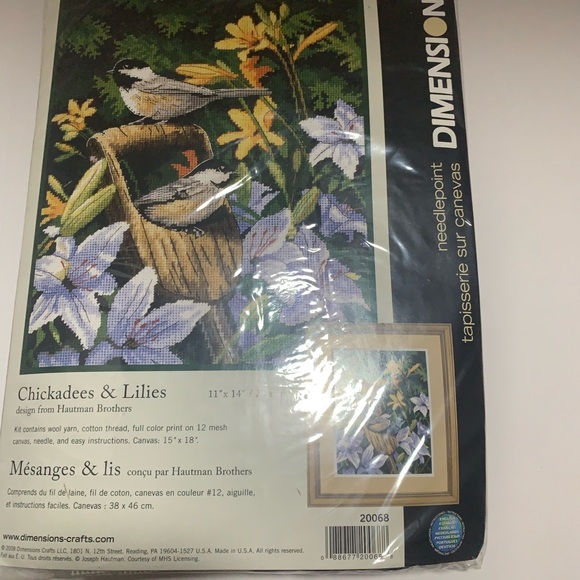 New Dimension chickadee & lilies needle point kit with yarn. new in package. - Picture 2 of 5